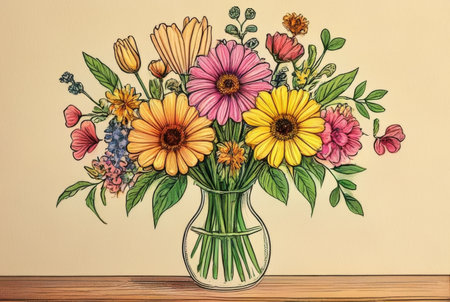 Bouquet of colorful flowers in a vase. Hand drawingの素材