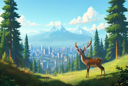 Fantasy landscape with a deer on the background of the mountains and the cityの素材