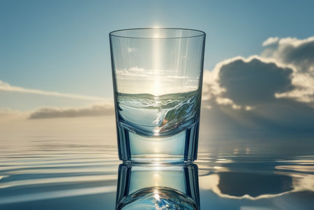 glass of water on the background of a blue sky. 3d renderingの素材