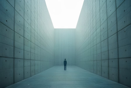 Futuristic perspective of a man standing in front of a wallの素材
