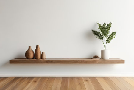 Interior of modern living room with white walls, wooden floor, white shelf with vases and plant. 3d renderingの素材