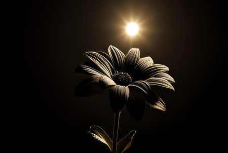 Black and white flower on black background with sunbeams and lens flareの素材