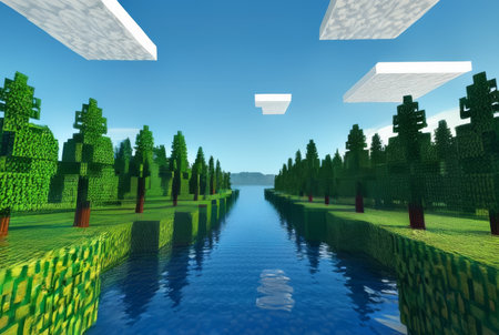 Futuristic landscape with trees and lake. 3d render.の素材