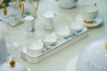 Beautiful and elegant Chinese porcelain tableware on high-end banquet table