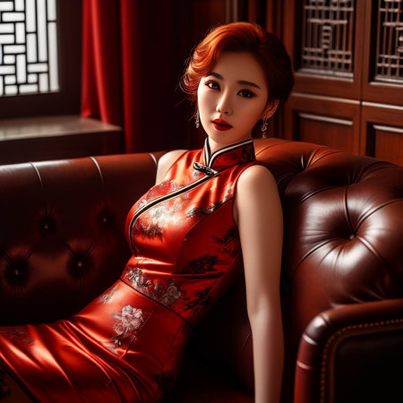 Beautiful asian woman in traditional cheongsam dress sitting on sofa. Qipaoの素材