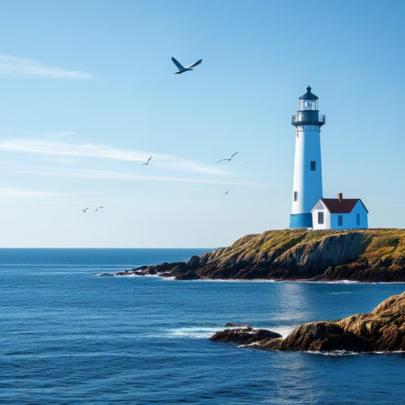 Lighthouse and seagulls on the coast of the Atlantic ocean.の素材