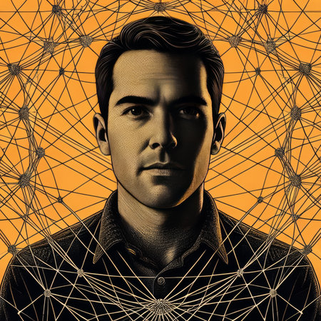 Portrait of a handsome young man in a black jacket. Connected lines with dots background.の素材