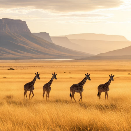 Three giraffes in the savannah of National Park, Kenyaの素材