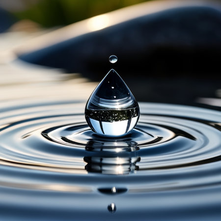 Water drop falling into water with ripples and ripples in the backgroundの素材
