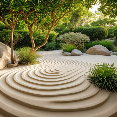 Luxury landscape design of the tropical garden. Beautiful landscaped tropical garden.の素材