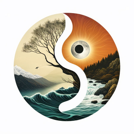 yin yang symbol of harmony and balance with seascapeの素材