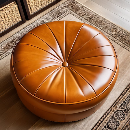 Brown leather upholstered pouf in the living room.の素材