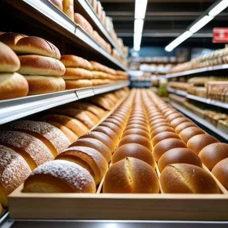 Freshly baked breads on shelves in a supermarket. Selective focus.の素材