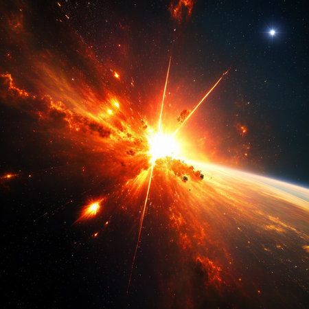 Sunrise in space with stars and nebula in the background.の素材