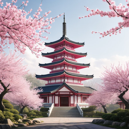 Pagoda with cherry blossom in chinese garden, Japanの素材