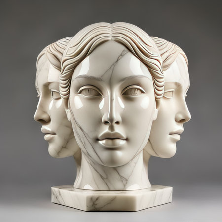 White marble sculpture of a woman with a man's face on a gray backgroundの素材