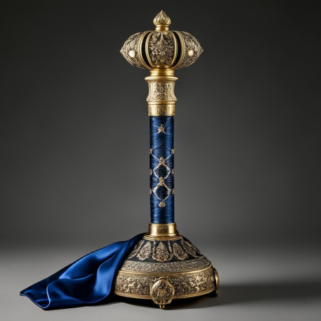 Medieval golden vase with blue cloth on gray background. 3d illustrationの素材