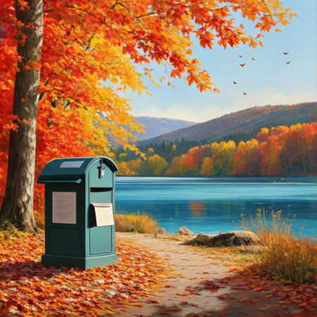 Post box on the bank of a mountain lake. Autumn landscape.の素材