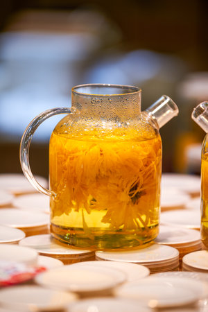 Close-up of a pot of brewing chrysanthemum teaの写真素材