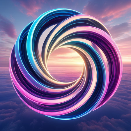 Abstract 3D illustration of a spiral over a blue sky with cloudsの素材