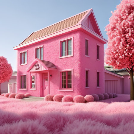 3D render of a pink house surrounded by pink grass and treesの素材