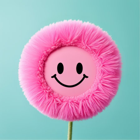 Pink flower with smiley face on blue background. Minimal conceptの素材