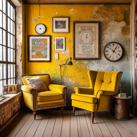 Yellow armchairs in the interior of an old house with yellow wallsの素材