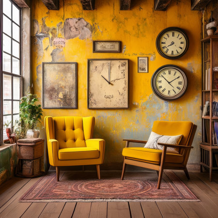 Yellow armchairs and clocks in a vintage room. 3d renderingの素材