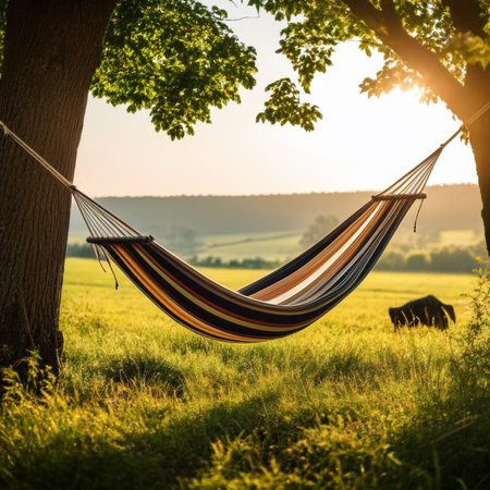 Hammock on the meadow at sunset. Beautiful summer landscapeの素材