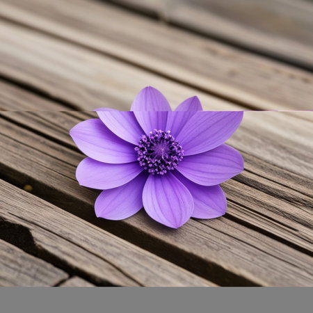 Purple flower on a wooden surface with space for your text.の素材