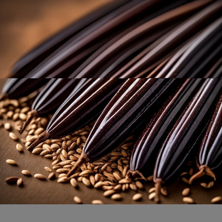 Vanilla seeds closeup on wooden board backgroundの素材