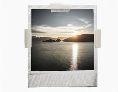 Instant photo frame with sea and mountains on a white background. Isolatedの素材