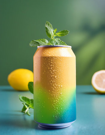 Cans of lemonade with mint and lemon on a blue backgroundの素材