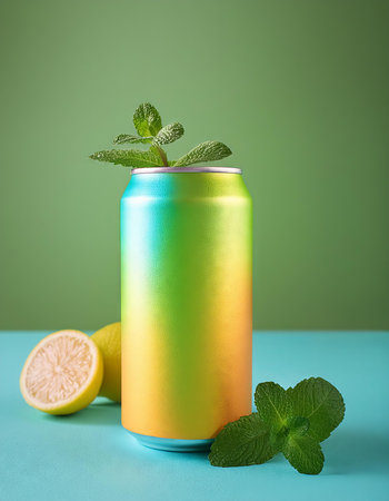 Aluminum can with fresh mint and lemon on blue and green backgroundの素材