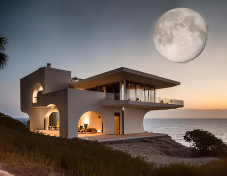Modern house on the beach at sunset with full moon in the skyの素材