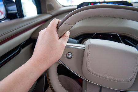 Close-up of the steering wheel of a new energy electric car