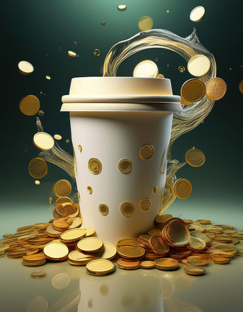 Coffee to go with splash of gold coins. 3d illustrationの素材
