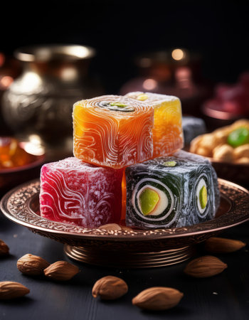 Turkish delight with nuts on a dark background. Selective focus.の素材
