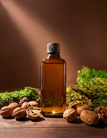 Walnut essential oil in a glass bottle on a brown background.の素材