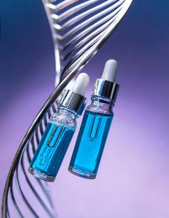 Glass dropper bottles with serum and pipette on a blue backgroundの素材