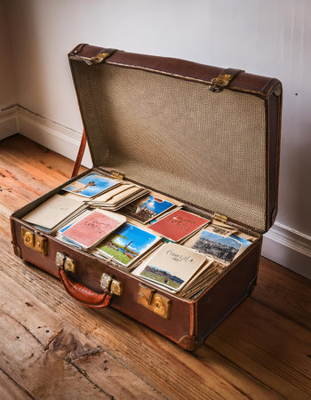 Vintage suitcase with old photos on a wooden floor in a roomの素材