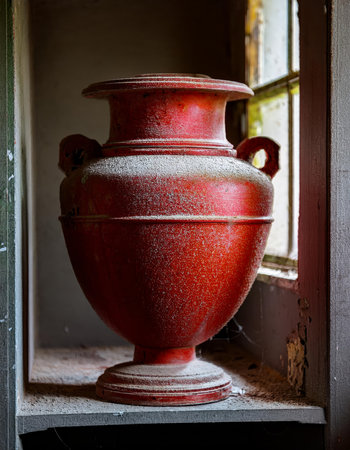 Antique red clay vase on the windowsill of an old houseの素材