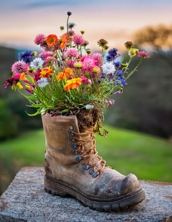 bouquet of colorful wildflowers in a rustic bootの素材