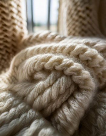 Knitted woolen sweater on the windowsill. Close-up.の素材