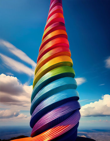 3D render of a multi-colored pyramid against a blue skyの素材
