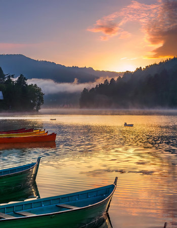 Foggy morning on the lake in the Carpathians, Ukraineの素材