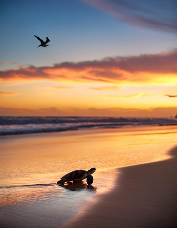 Turtle on the beach at sunset, Sanibel Island, Floridaの素材