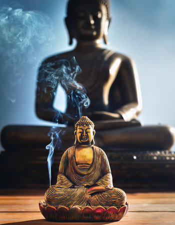 Buddha statue with incense stick on wooden table and smokeの素材