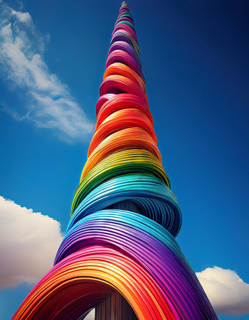 Rainbow tower with blue sky and white clouds in the background.の素材