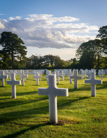 British military cemetery with crosses at sunset, Gloucestershire, UKの素材